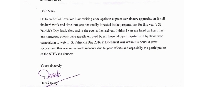 Scrisoarea Ambasadorului Irlandei în România